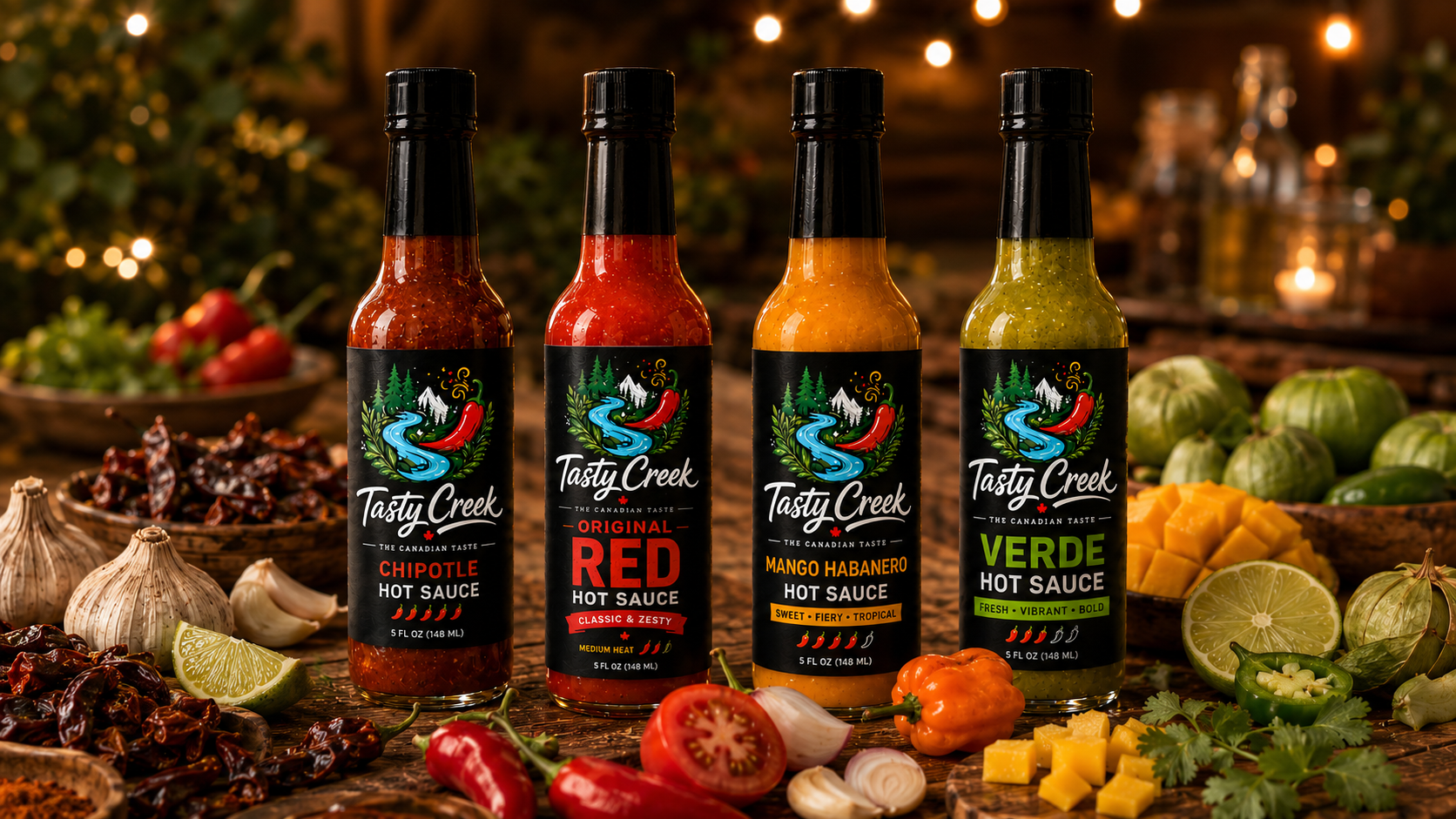 TastyCreek sauce lineup with four hot sauces